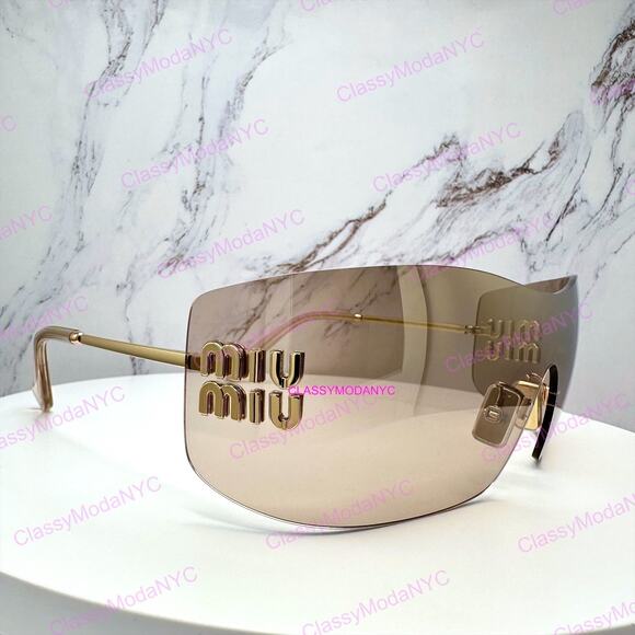 New MIU MIU Aube Sunglasses Gold Light Brown Mirror Bronze Rimless Wrap Womens main image 9